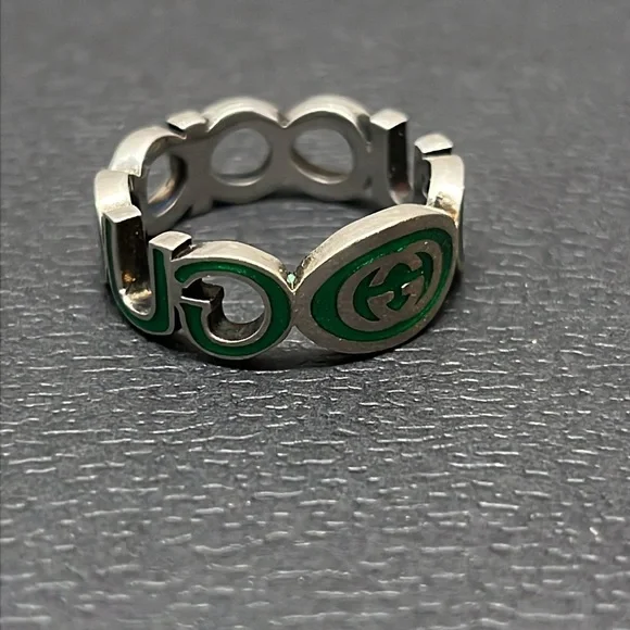 Gucci Interlocking G Ring 9MM Green Enamel STERLING SILVER Size 21 (9.5 US) EUC - Picture 6 of 11